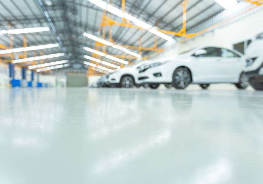Glossy epoxy floor coating in a showroom
